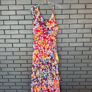 Lulus One Shoulder Floral High Low Wrap Midi Dress – Wedding Guest